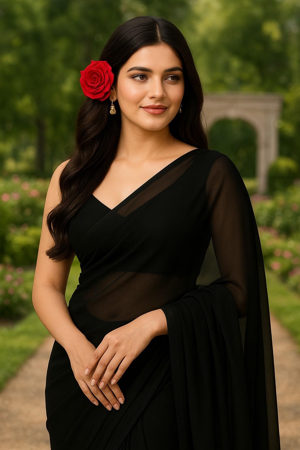 SHREE SHYAM ENTERPRISE Premium Georgette Saree for Women | Plain Saree with Soft Flowing Drape | Comes with Unstitched Blouse Piece (BLACK)