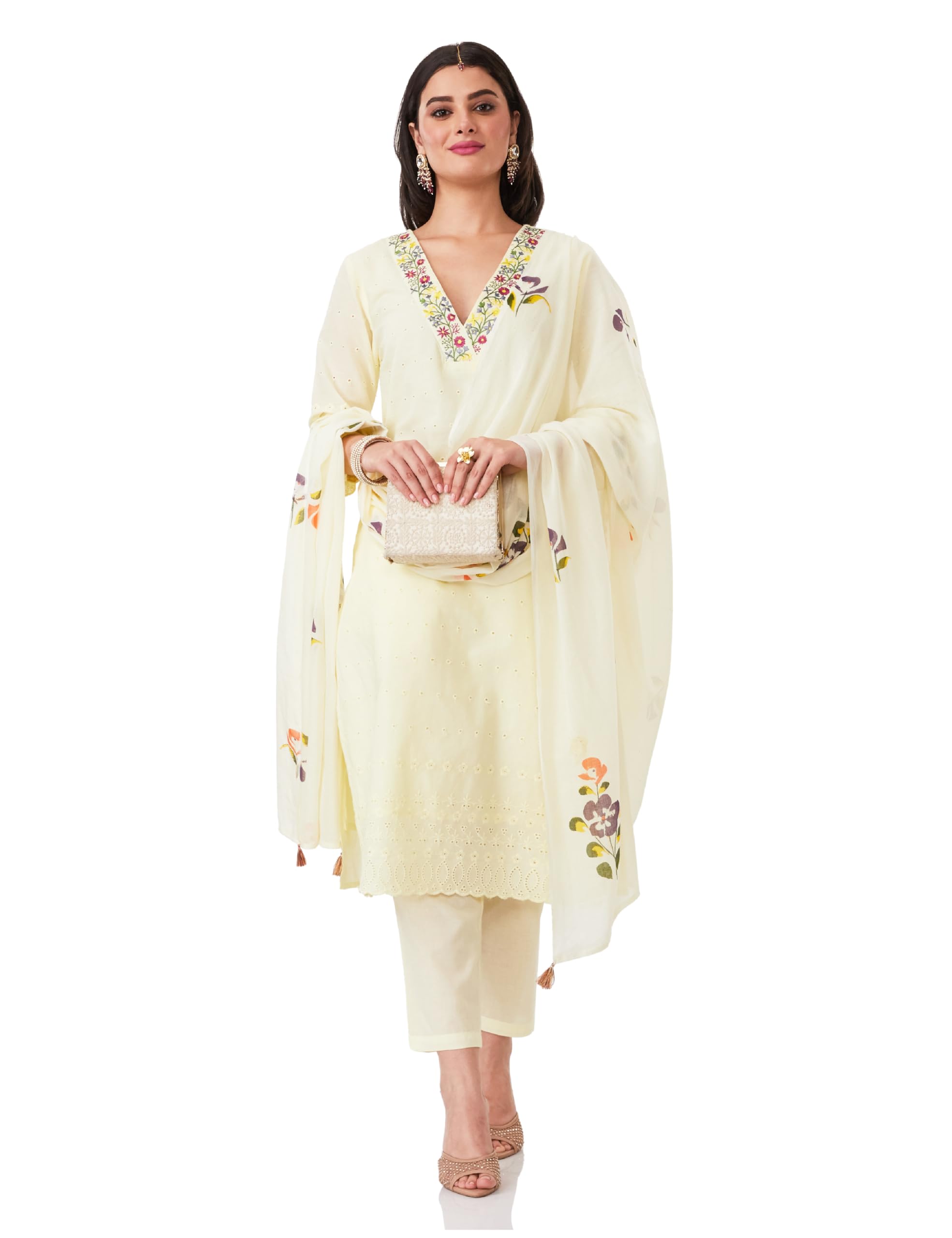 Amazon Brand - Myx Women's Embroidered Cotton Kurta Pant Set with Dupatta (SS25-MYX-SHU-KS-06_White_4XL)