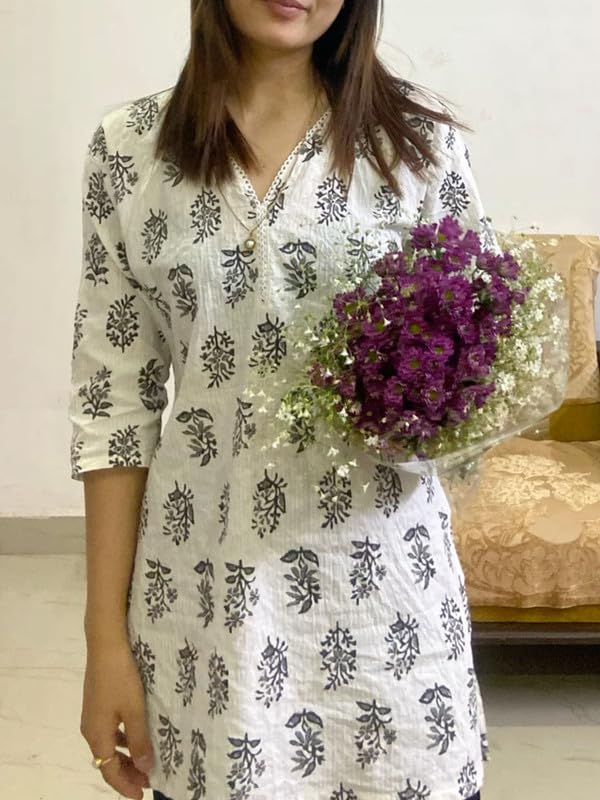 Ethnic Lady Viscose Rayon Long Kurti for Women | A-Line Kurta | V Neck Tunic for Women | 3/4 Sleeve Straight Kurta | White | S
