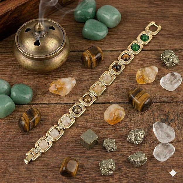 PANAKUMUS Metal Dhan Yog Bracelet for Wealth and Financial Prosperity Pyrite Citrine Tiger Eye Clear Quartz Green Aventurine Astrology Bracelet for Men and Women Lucky Money Attraction Gift