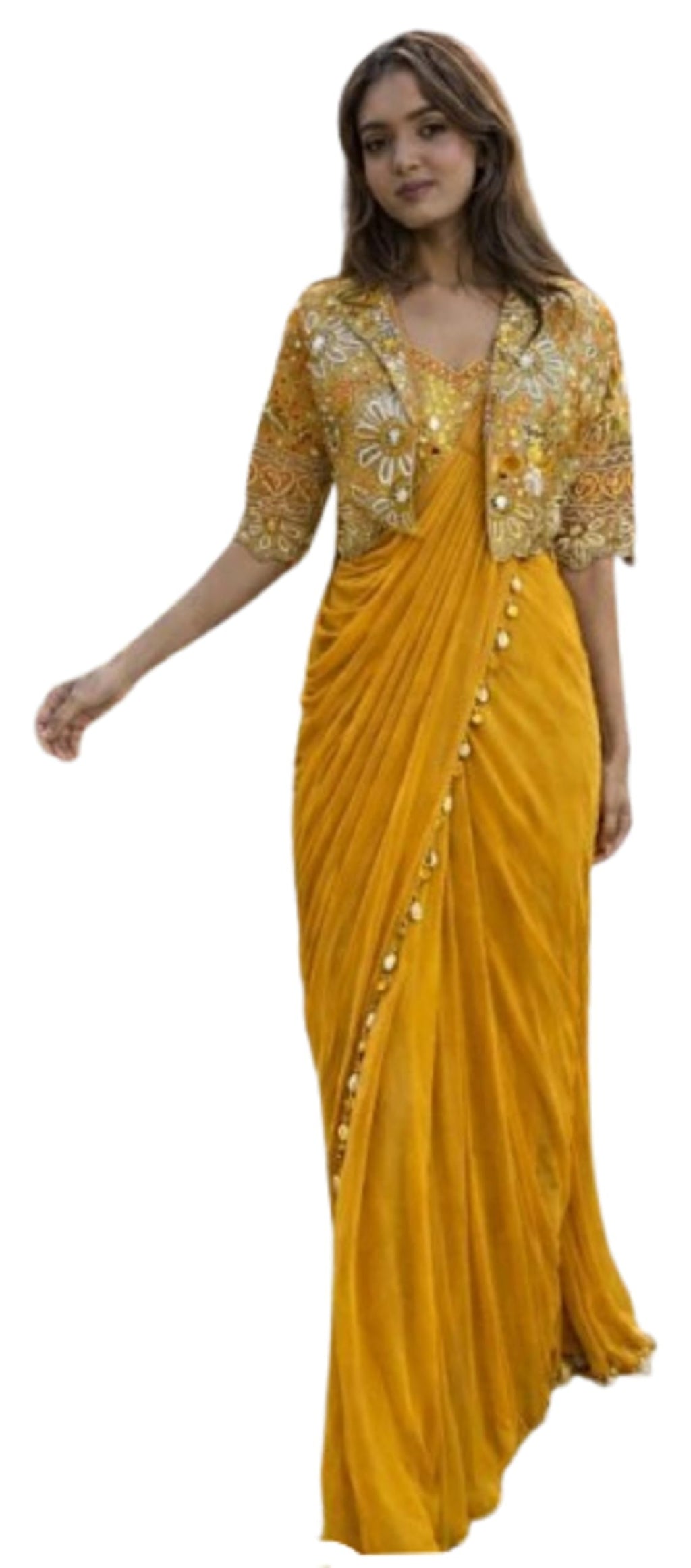 CLASSY FASHION HUB Women's Embellished, Embroidered Ready-to-Wear Crepe Silk Saree with Fully Embroidered Koti, Stitched Blouse & Lace Border – Ethnic for Women (Musterd)