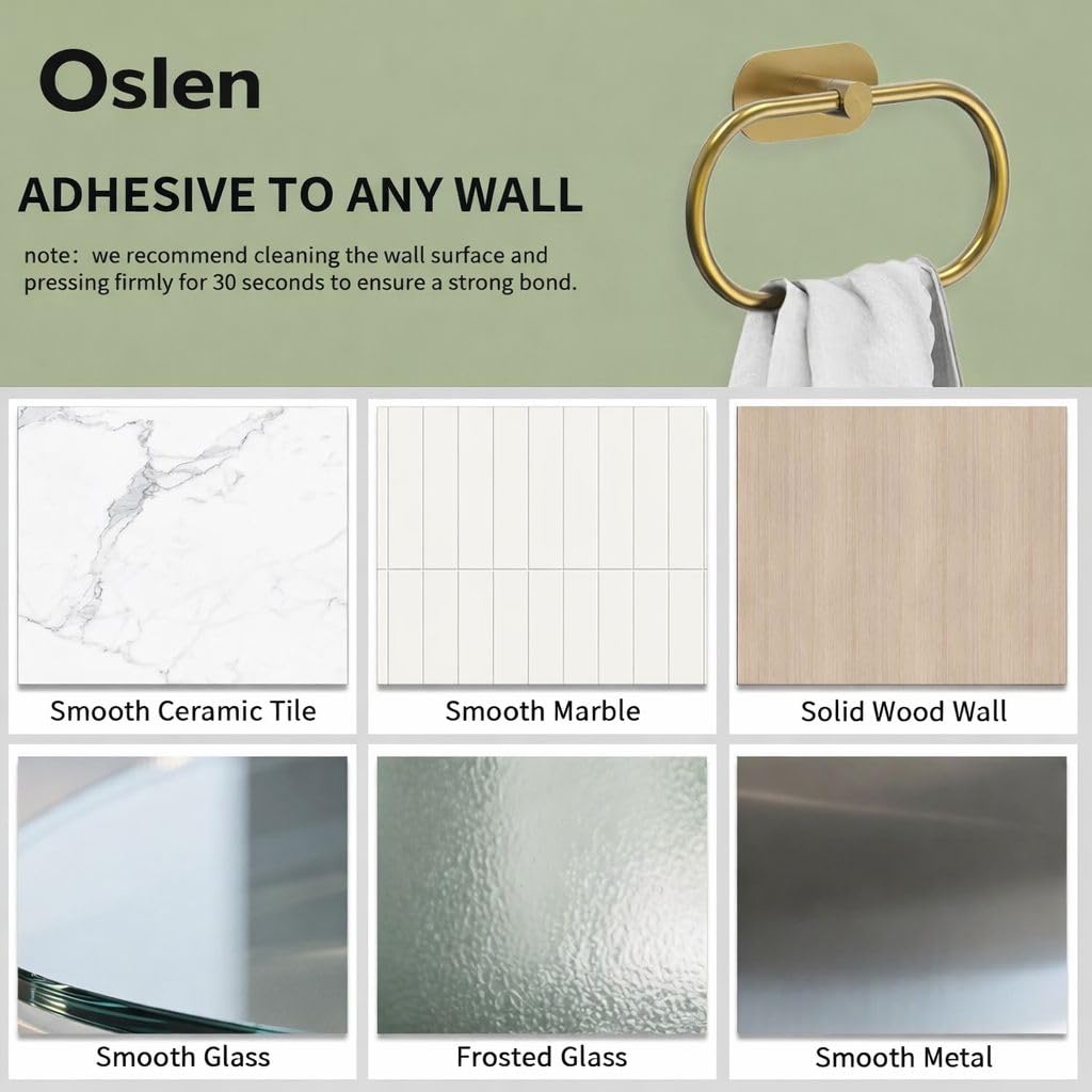 Oslen Self Adhesive Towel Holder for Bathroom Gold Finish No Drill Hand Towel Ring Stainless Steel and Zinc Alloy Self Adhesive Towel Hanger for Bath, Kitchen