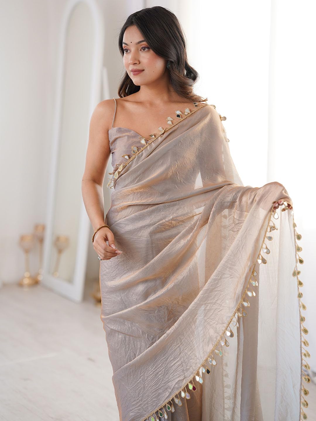 AKHILAM Women's Beige Satin Solid Mirror Work Saree With Unstitched Blouse Piece (82KAVI8204_RT)