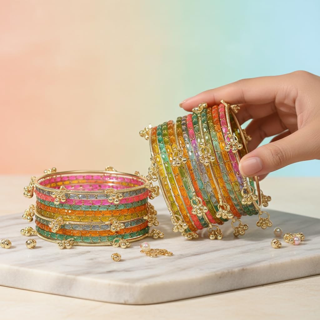 KAYASHA Light multi Kashmiri Ghangharoo Glass Bangle Set for Women| Light Weight Bangles | Traditional Transparent Fancy Glass Chudi Set for Wedding, Party| set of 16
