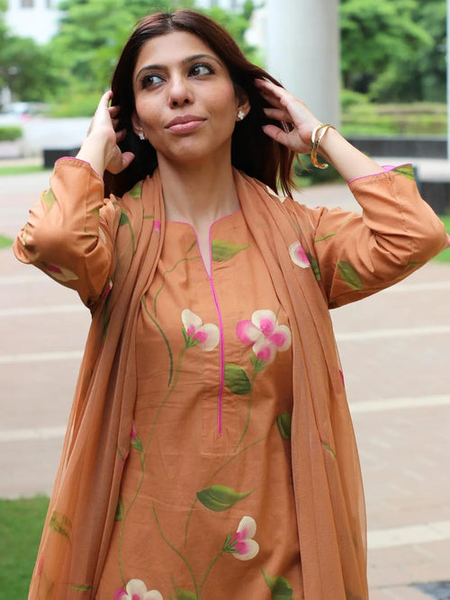 ANNI Designer Women's Viscose Printed Straight Kurta with Pant and Dupatta (LAKYA Orange_XL_Orange_X-Large)