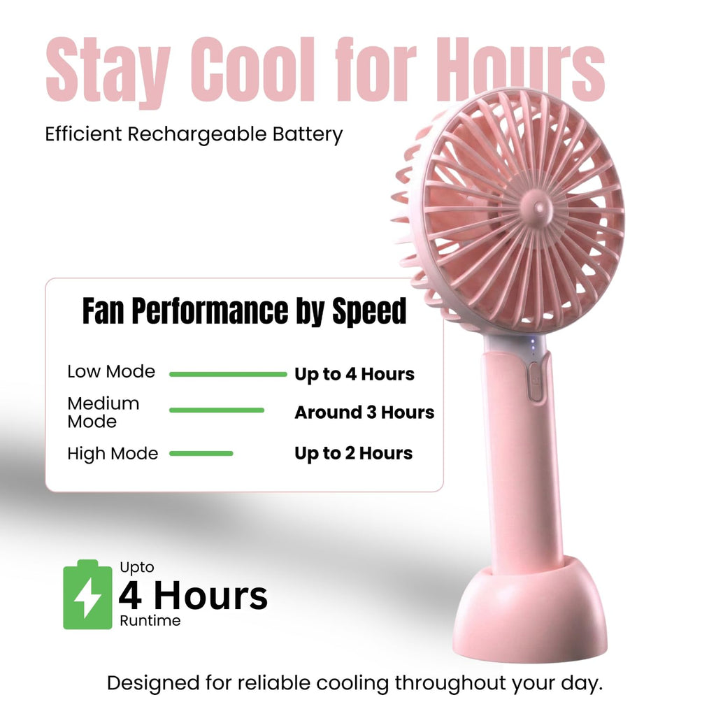 One94Store High Speed Portable USB Hand Fan, 4800 RPM, 1200mAh Rechargeable Battery, Up to 6H Runtime, 3 Speed Modes for Travel, Office & Makeup, Pink – Mini Fan, Hand Fan, Small Fan, USB Fan