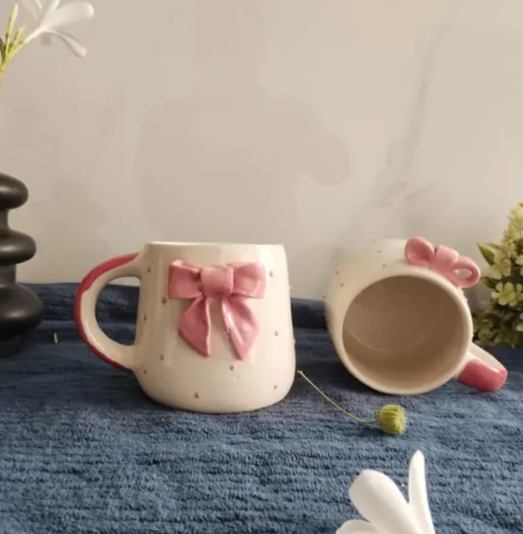 THE INDIAN HOME Cute Pink Bow Ceramic Mug for Coffee Tea Milk | 3D Bow Design Gift Mug for Girls Women Kids | Premium Glazed Polka Dot Finish (1)