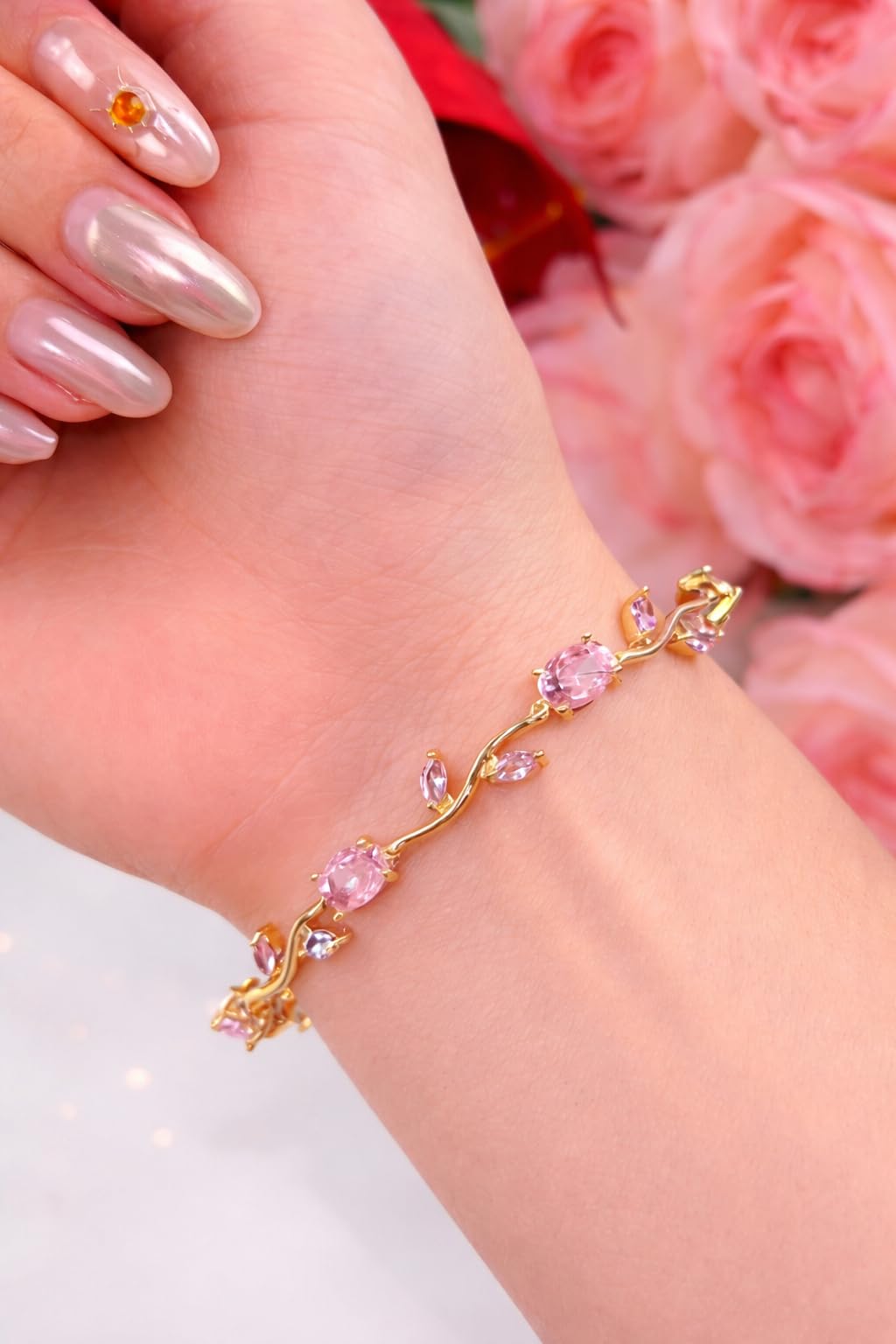 JIMOR Trendy Tulip Bracelet for Women | Gold Plated Pink Crystal Floral Bracelet | Elegant Minimalist Jewelry | Adjustable Chain Bracelet Gift for Girls Women | Stylish Party Daily Wear Accessory