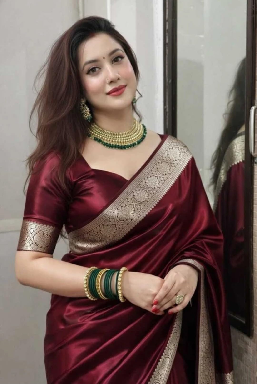 Rabbaitul Bait Banarasi Satin Kanjivaram Saree Wine Silver Zari Pure Soft Blend Silk Sari Satin Women Kanchipuram Paithani Silk Party Wedding New Ladies Wine Color Sadi with Blouse Piece (Maroon)