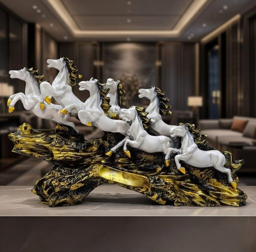 UAG EXPORTS PRIVATE LIMITED White 19 Inch Running 7 Victory Horses Resin Statue for Vastu and Feng Shui | Home Office Living Room Decor Showpiece