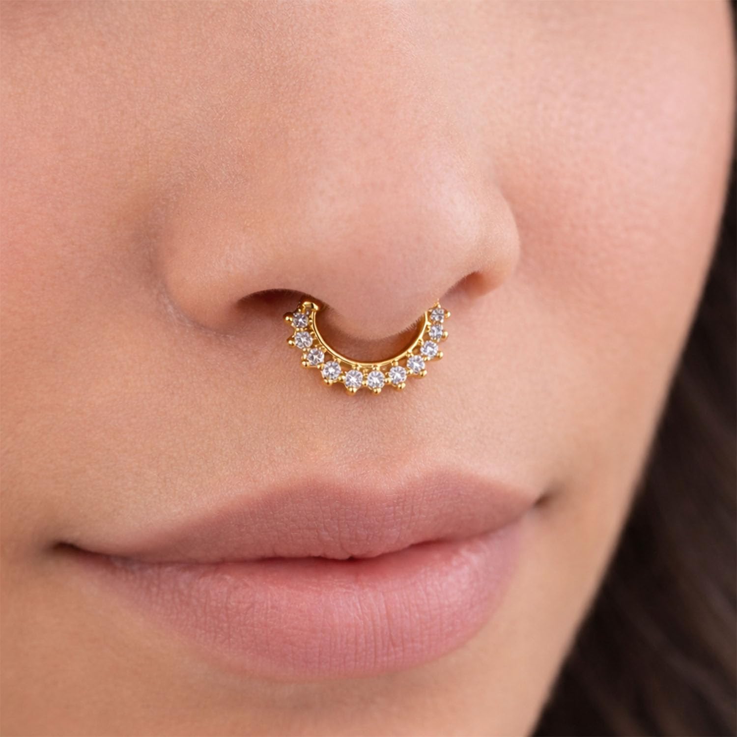VAMA FASHIONS 18K Gold Plated Anti Tarnish AD Stone Without Piercing Clip On Middle Septum Nose Ring Horsehole Shape Nosepin Lightweight Fake Hoop Nosering for Women & Girls (Without Piercing Nosering)