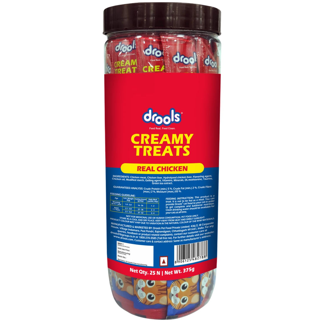 Drools All Life Stages Creamy Lickable Cat Treats 375g (15g x 25 Pieces, Jar) | Chicken Flavour | with Taurine for Heart & Vision Health | Creamy Texture | Irresistibly Tasty | Easy to Hand Feed