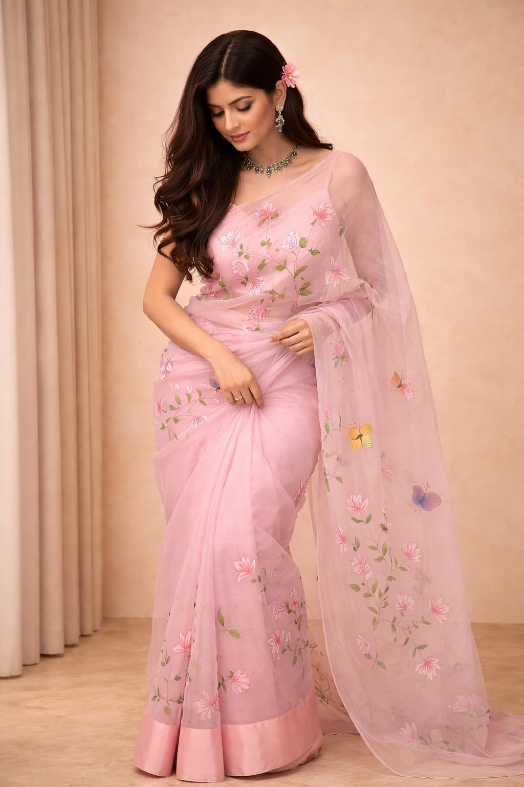 NoseQueen Women's Floral Design Hand Brush Painted Organza Saree with Blouse - Pink