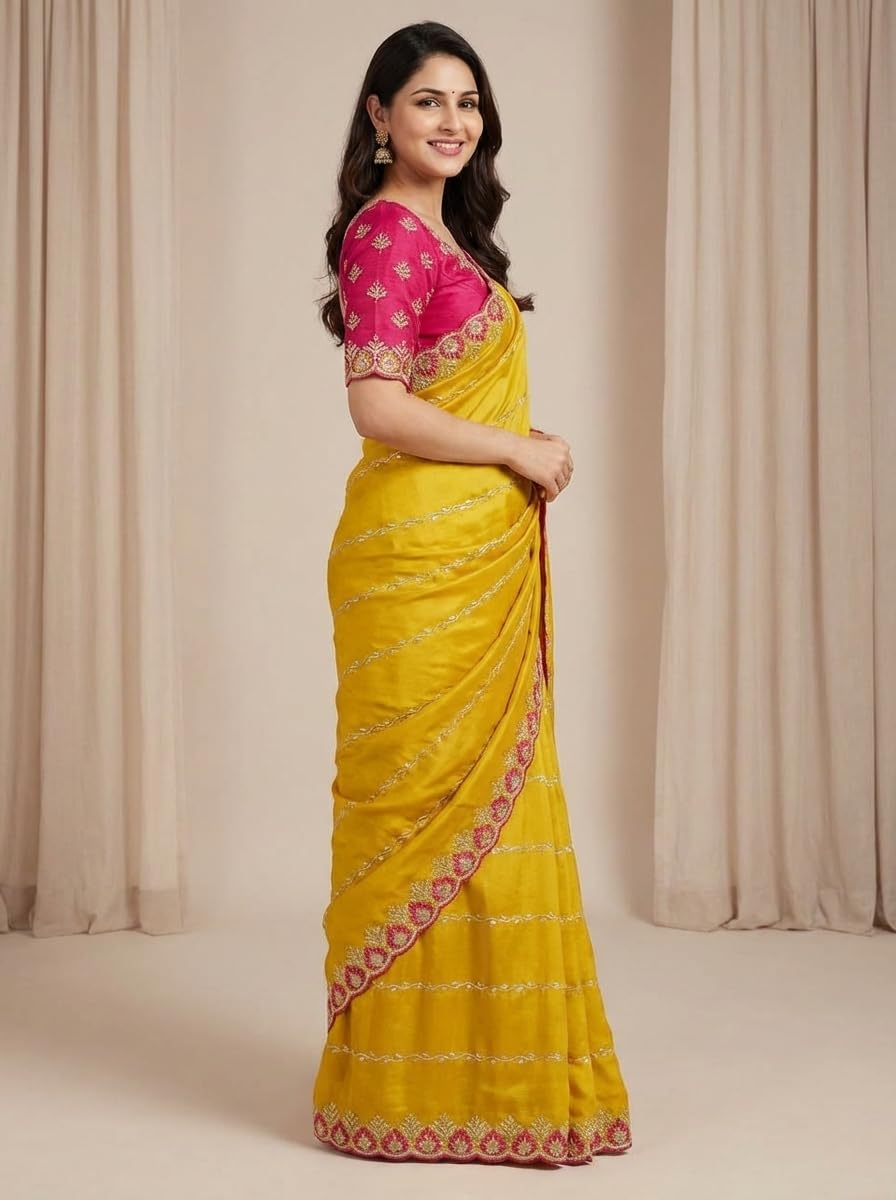 ORHANS Women's Georgette Ethnic Motifs Embroidered Georgette Heavy Work Saree | Heavy Work Wedding Saree | Pure Silk Sari | Fashionable Sarees_Yellow