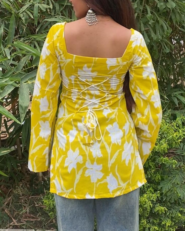 ALENJAN Rayon Floral Print Short Kurti for Women | Square Neck Long Sleeve Top for Women | Criss Cross Back Desing Kurti | Soft Breathable Fabric | Relaxed Fit | Casual and Office Wear | Mustard | M