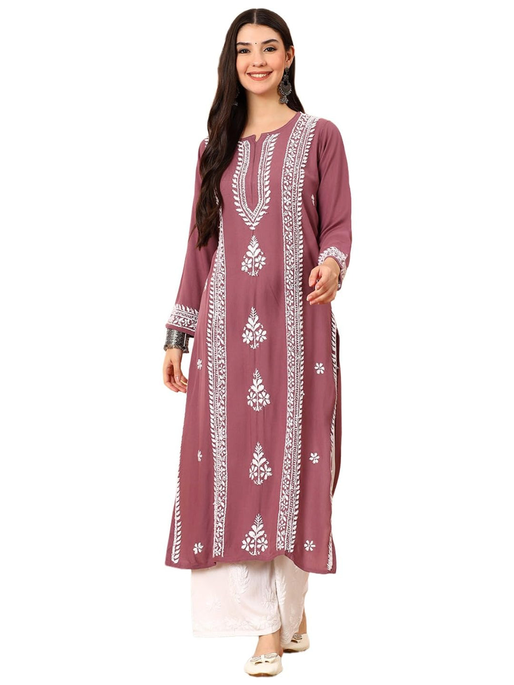 GoSriKi Women's Viscose Straight Embroidered Kurta (Kinjal Mauve-GS_L_Maroon_Large)