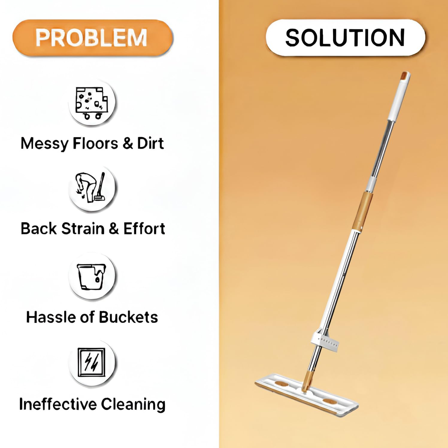 JAPERO Flat Mop for Floor Cleaning with 3 Refill Pads, Microfibre Mop for Home with 360° Swivel Head, Hands-Free Slider Squeeze, Bucket-Less Design, Wet & Dry Floor Cleaning Mop