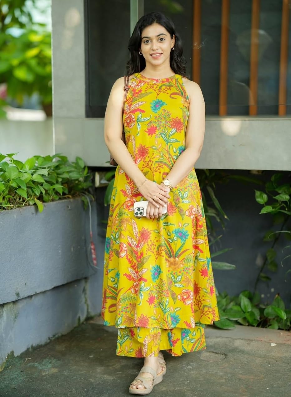 Klosia Women Pure Cotton Kurta Palazzo Set | Sleeveless Printed Kurta with Palazzo Pants | Summer Friendly, Office Wear Co-Ord Sets