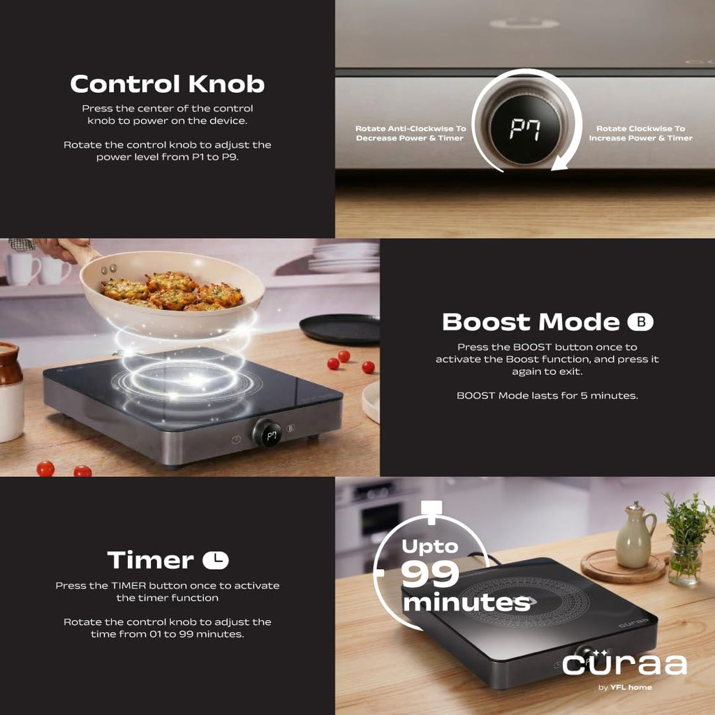 Cüraa IndiePro 2100 Watts Induction Cooktop for Indian Kitchens | 6 kV Surge Protection Design for Safety | Rotary Knob control with Timer | Incremental Heat Adjustment | 2 Year Warranty