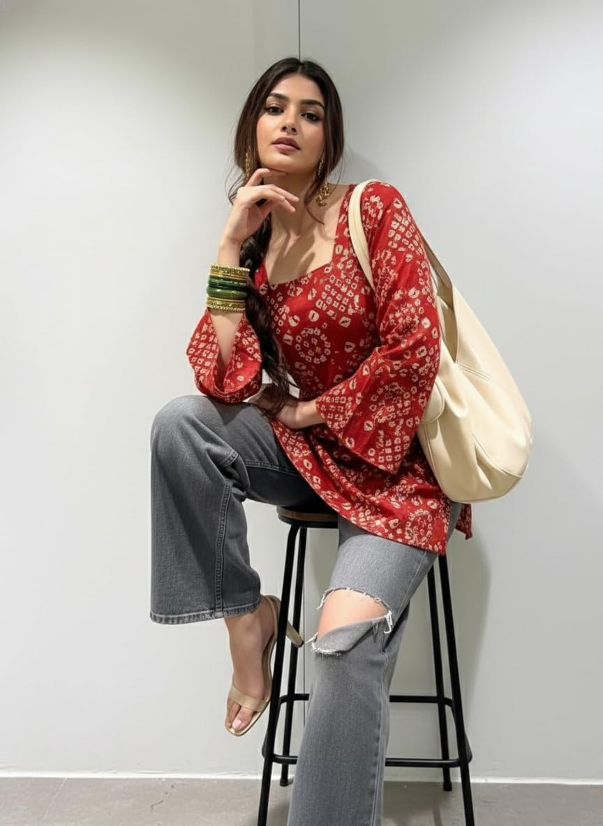 ANNI Designer Women's Viscose Blend Printed Short Kurti (NABILA RED-VKS02_S-VKS02_Red -VKS02_Small)