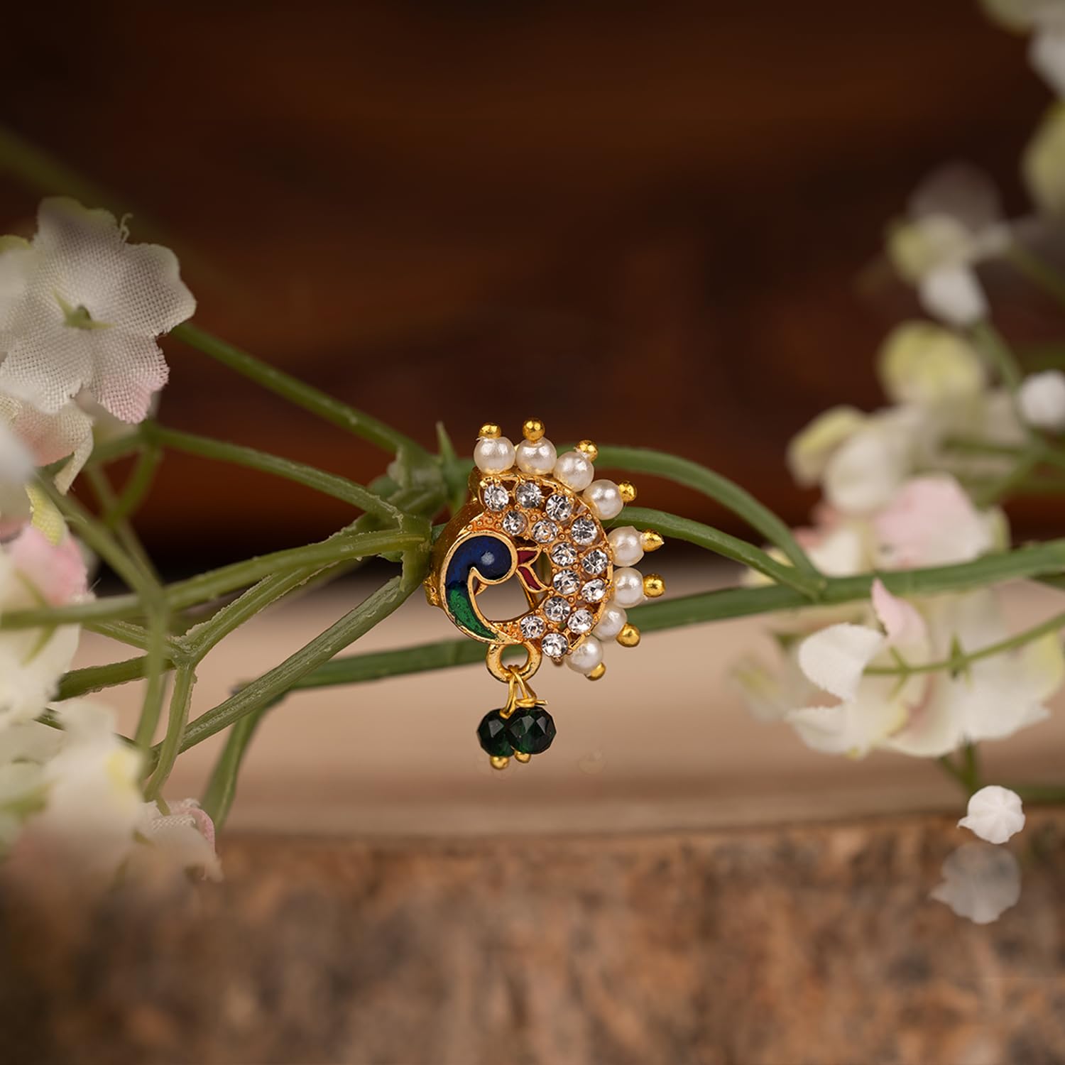 VAMA FASHIONS Gold Plated Maharastrian Marathi Nathni Pearl Nose Ring Pressing Nosepin Bridal Piercing Nosering Clip on Nath For Women (Maharashtrian Nose Pin)