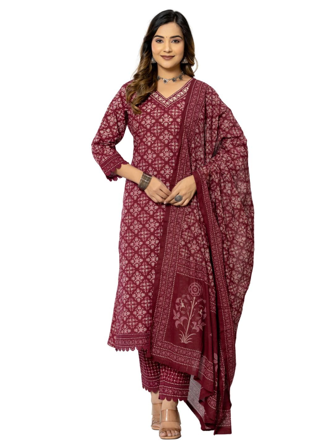 Amayra Women's Cotton Printed Straight Kurta with Pant and Dupatta Set(TCK559,Maroon,3XL)