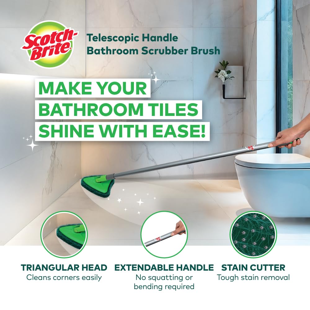 Scotch-Brite Height Adjustable Handle Bathroom Tile Scrubber Brush- Cleans Tiles, Hard to Reach Corners, Floors Without Bending, Tough Stain Removal, 180° Rotating Triangular Head for Easy Cleaning