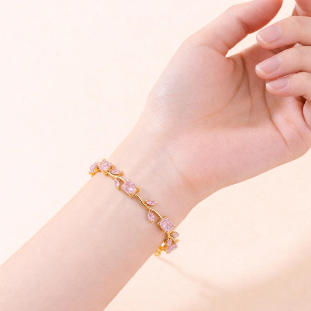 Salve Coquette Golden Baby Tulip Bracelet for Women Stylish | Anti Tarnish Jewellery for Women, Hand Wristlet for Girls | Aesthetic Accessories for Girls, Valentine’s Gift for Girlfriend (Pink - Gold)