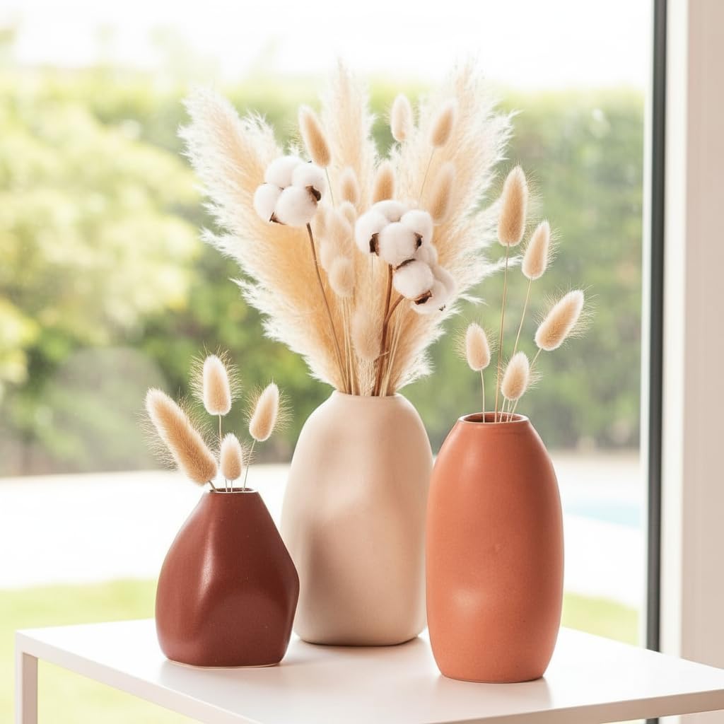 PUREZENTO Rustic Ceramic Bud Vase - Set of 3 | Centerpiece & Showpiece for Home Decor, Living Room, Bookshelf & Tabletop Styling | Decorative Vase for Pampas Grass, Dried & Artificial Flowers