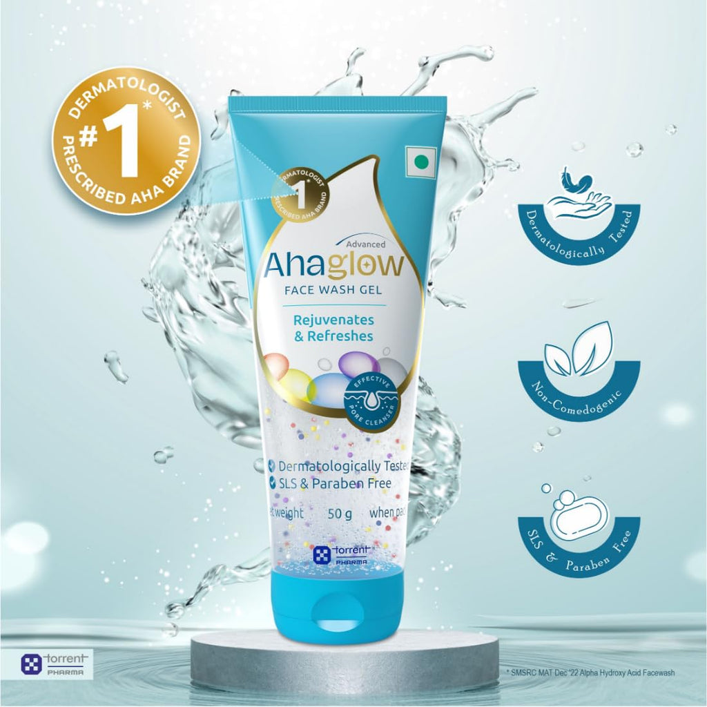 Ahaglow Advanced Face Wash Gel 50g with AHA(1% Glycolic Acid) Glow Bombs| Jojoba & Tea Tree Oil | Allantoin, Vitamin E & Oak bark Extract | No.1 Dermatologist Prescribed AHA Brand - By Torrent Pharma
