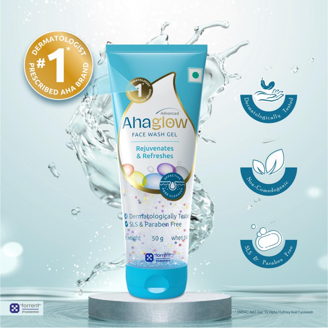 Ahaglow Advanced Face Wash Gel 50g with AHA(1% Glycolic Acid) Glow Bombs| Jojoba & Tea Tree Oil | Allantoin, Vitamin E & Oak bark Extract | No.1 Dermatologist Prescribed AHA Brand - By Torrent Pharma