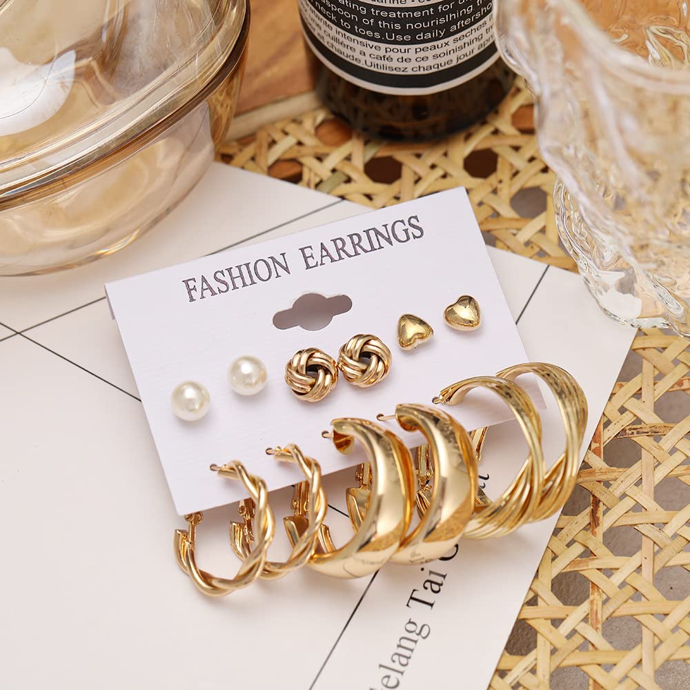 Shining Diva Fashion 11 Pairs Combo Set Latest Stylish Hoop Stud Earrings for Women and Girls (Gold) (14949er)
