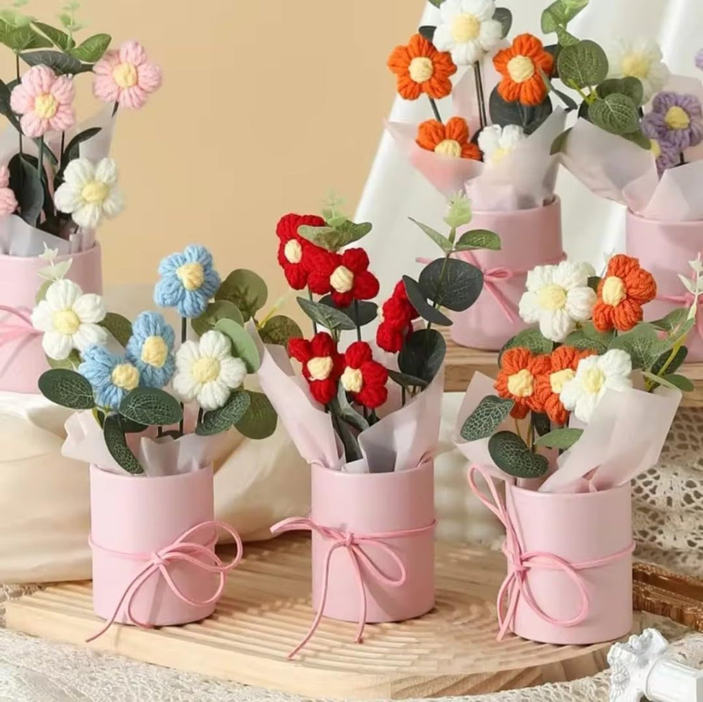 VRB Dec 1pcs Artificial Crochet Flower Bouquet/Artificial Flowers Bunch/Crochet Flowers Bouquet/Crochet Flowers/Flowers Bouquet Gift for Girls Home Decor,Gifting,etc. (Pink Daisy Bouquet)