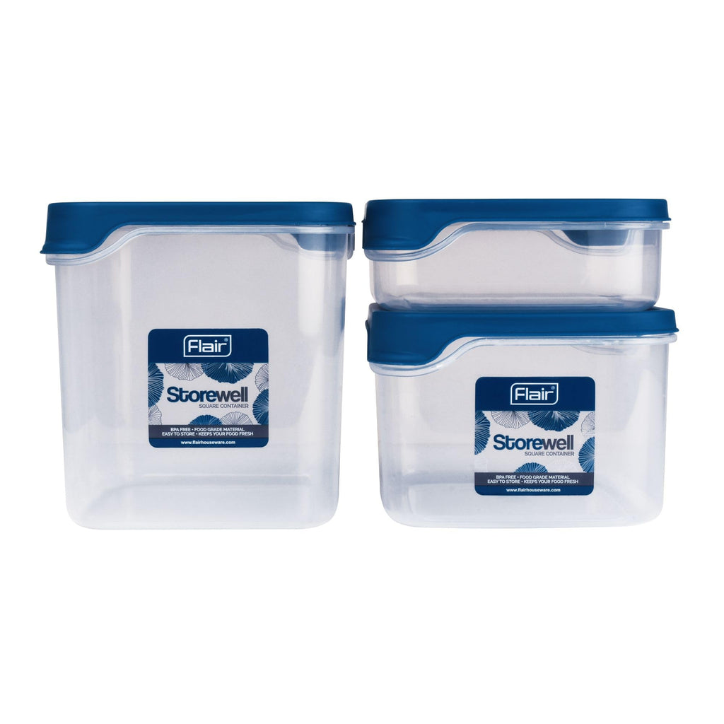 FLAIR Storewell Square Food Storage Containers Set of 3 (550 ML, 1150 ML, 1800 ML)- Blue, Air Tight Containers for Kitchen Storage Ideal kitchen box for Rice, Atta and Grains, BPA-Free, Food Grade