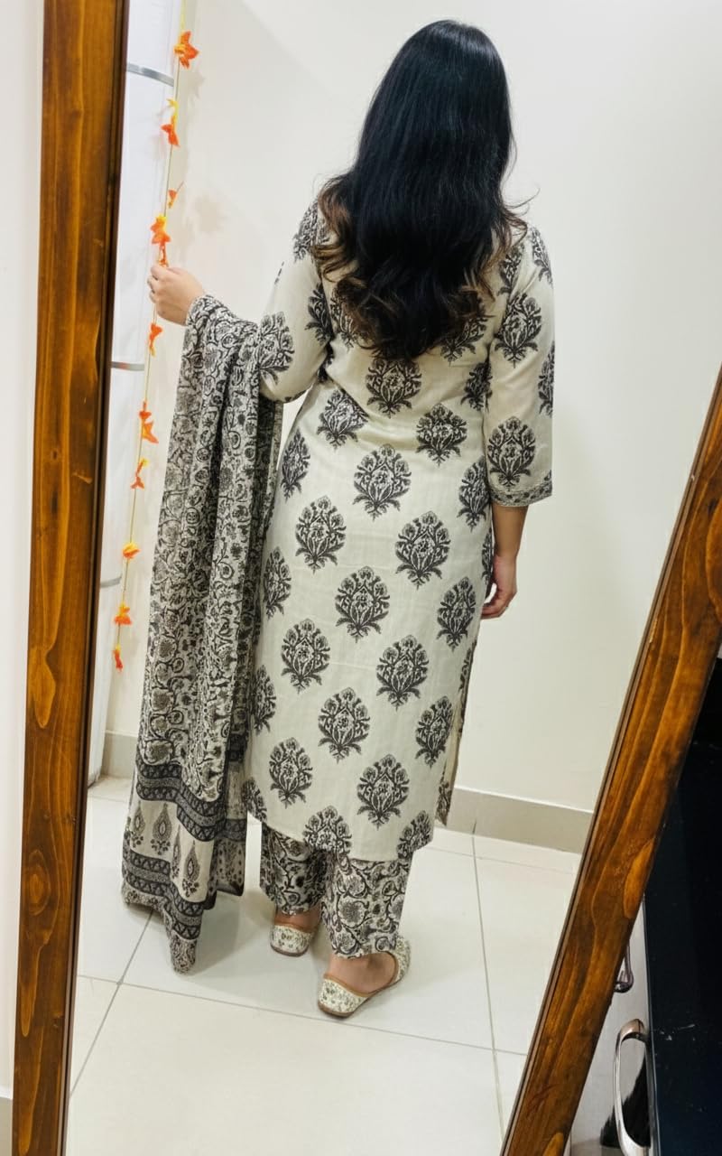 ANNI Designer Women's Viscose Blend Straight Printed Kurta with Pant & Dupatta (Makram Cream_L_Cream_Large)