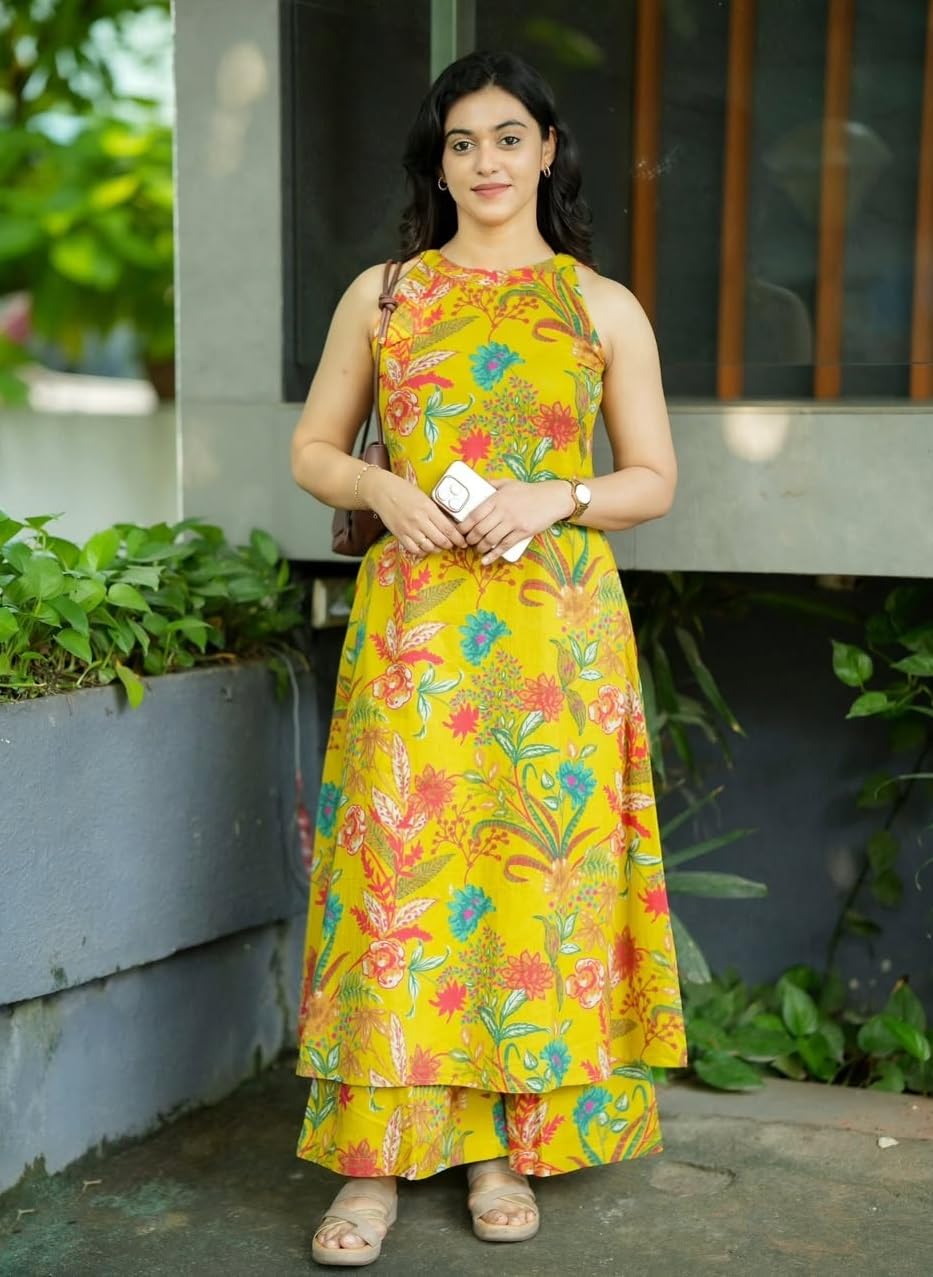 Klosia Women Pure Cotton Kurta Palazzo Set | Sleeveless Printed Kurta with Palazzo Pants | Summer Friendly, Office Wear Co-Ord Sets