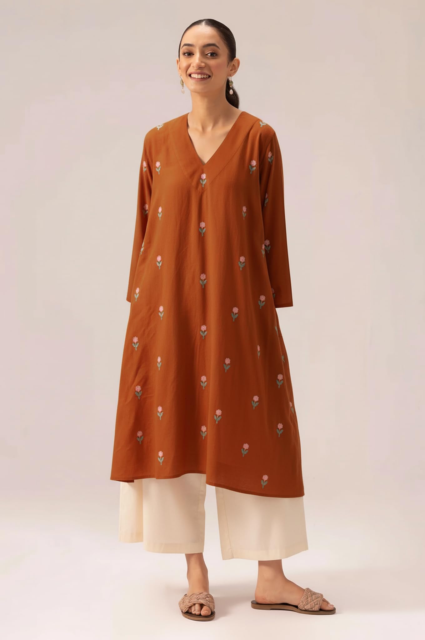 ANNI Designer Women's Rayon Viscose A-Line Printed Kurta with Palazzo (QUSHI Rust_M_Rust_Medium)