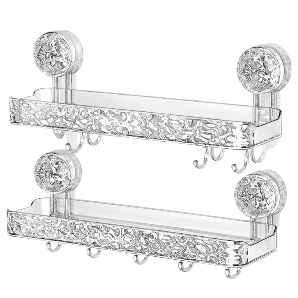 ZOCKRIX Wall Mounted Bathroom Storage Rack with Suction Cups – Double Shelf with Hooks – Transparent & Patterned Front Design (2)
