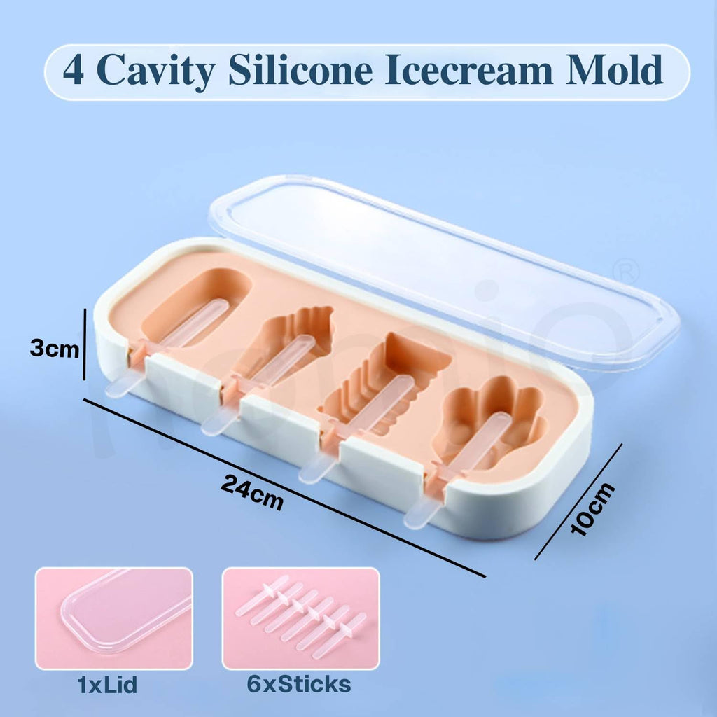 HOMIO 4 Fruit Shape Cavity Non-Stick Silicone Ice Cream Mould with Lid & 6 Plastic Sticks Reusable Ice Lolly, Frozen Candy, Kulfi Molds, BPA-Free Stackable DIY Icecream Popsicle Maker (Multicolor)