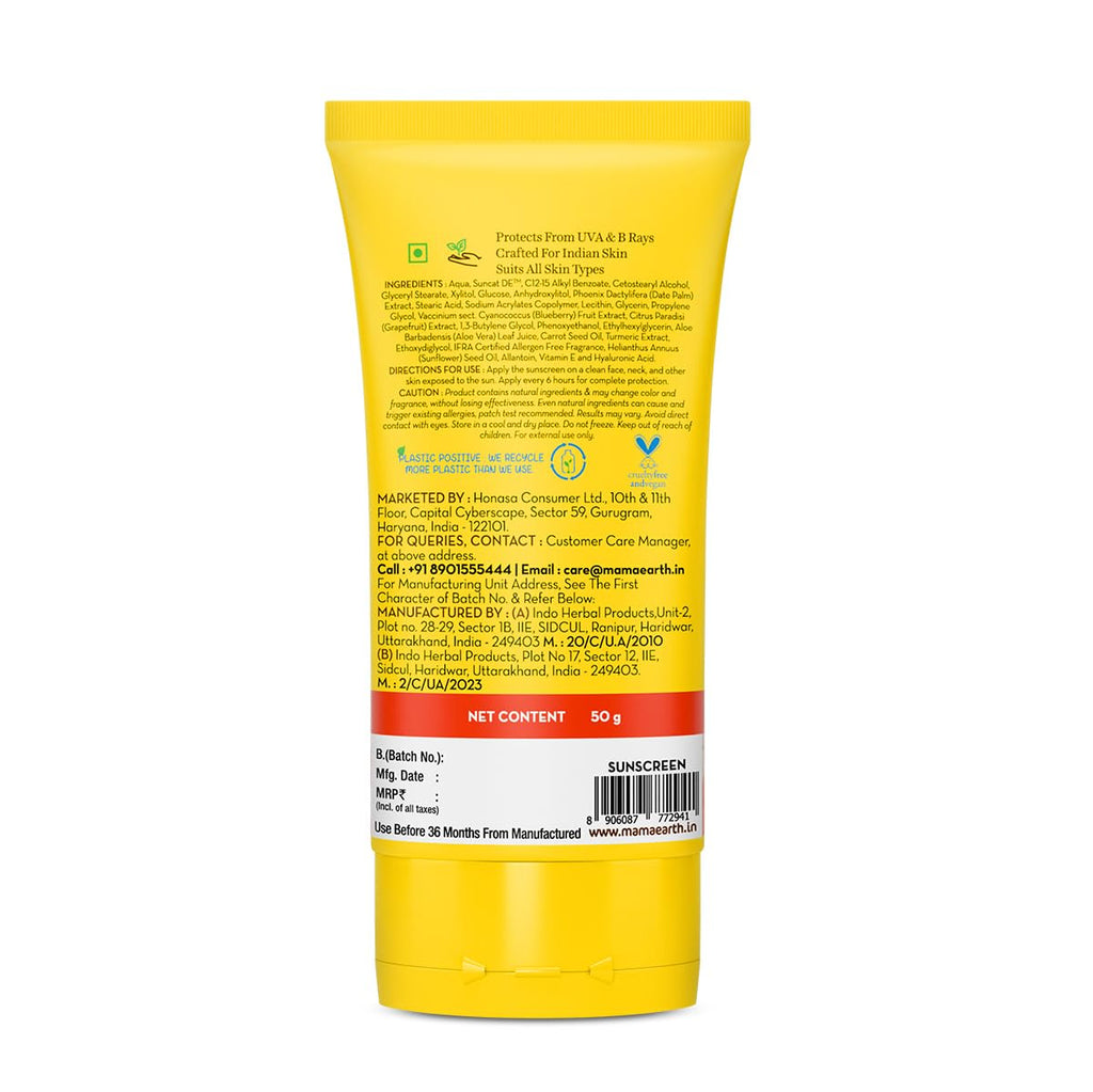 Mamaearth Ultra Light Indian Sunscreen with Carrot Seed & Turmeric | SPF 50 PA ++++ | UVA & UVB Protection | Tan Protection | No White Cast | Non-Greasy & Quick Absorbing | Super Lightweight | Suits All Skin Types | In-Vivo Tested | 50 g