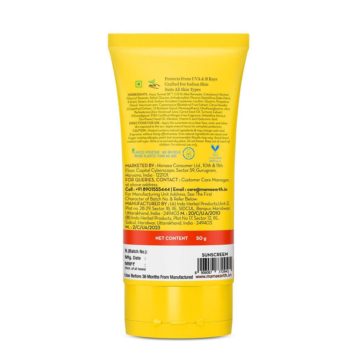 Mamaearth Ultra Light Indian Sunscreen with Carrot Seed & Turmeric | SPF 50 PA ++++ | UVA & UVB Protection | Tan Protection | No White Cast | Non-Greasy & Quick Absorbing | Super Lightweight | Suits All Skin Types | In-Vivo Tested | 50 g
