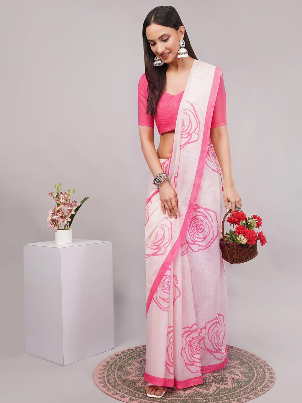 SAMANTHA Womens Peach Pink Large Rose Outline Print Linen Saree With Solid Unstitched Blouse Piece