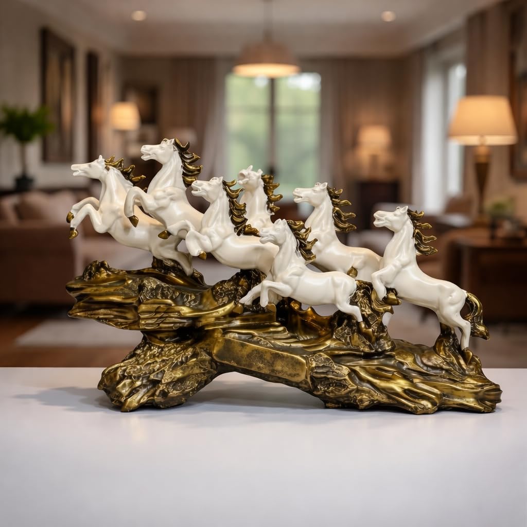 UAG EXPORTS PRIVATE LIMITED White 19 Inch Running 7 Victory Horses Resin Statue for Vastu and Feng Shui | Home Office Living Room Decor Showpiece