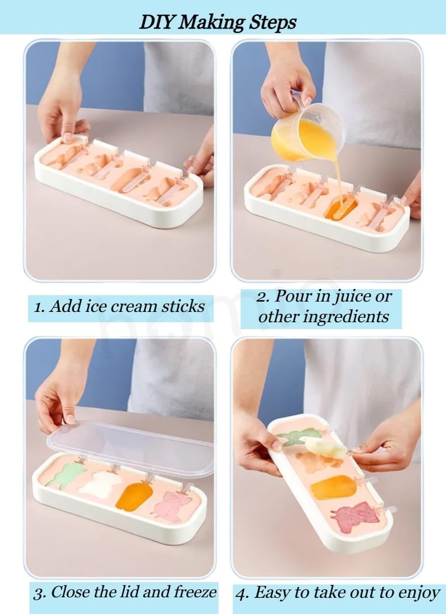 HOMIO 4 Fruit Shape Cavity Non-Stick Silicone Ice Cream Mould with Lid & 6 Plastic Sticks Reusable Ice Lolly, Frozen Candy, Kulfi Molds, BPA-Free Stackable DIY Icecream Popsicle Maker (Multicolor)