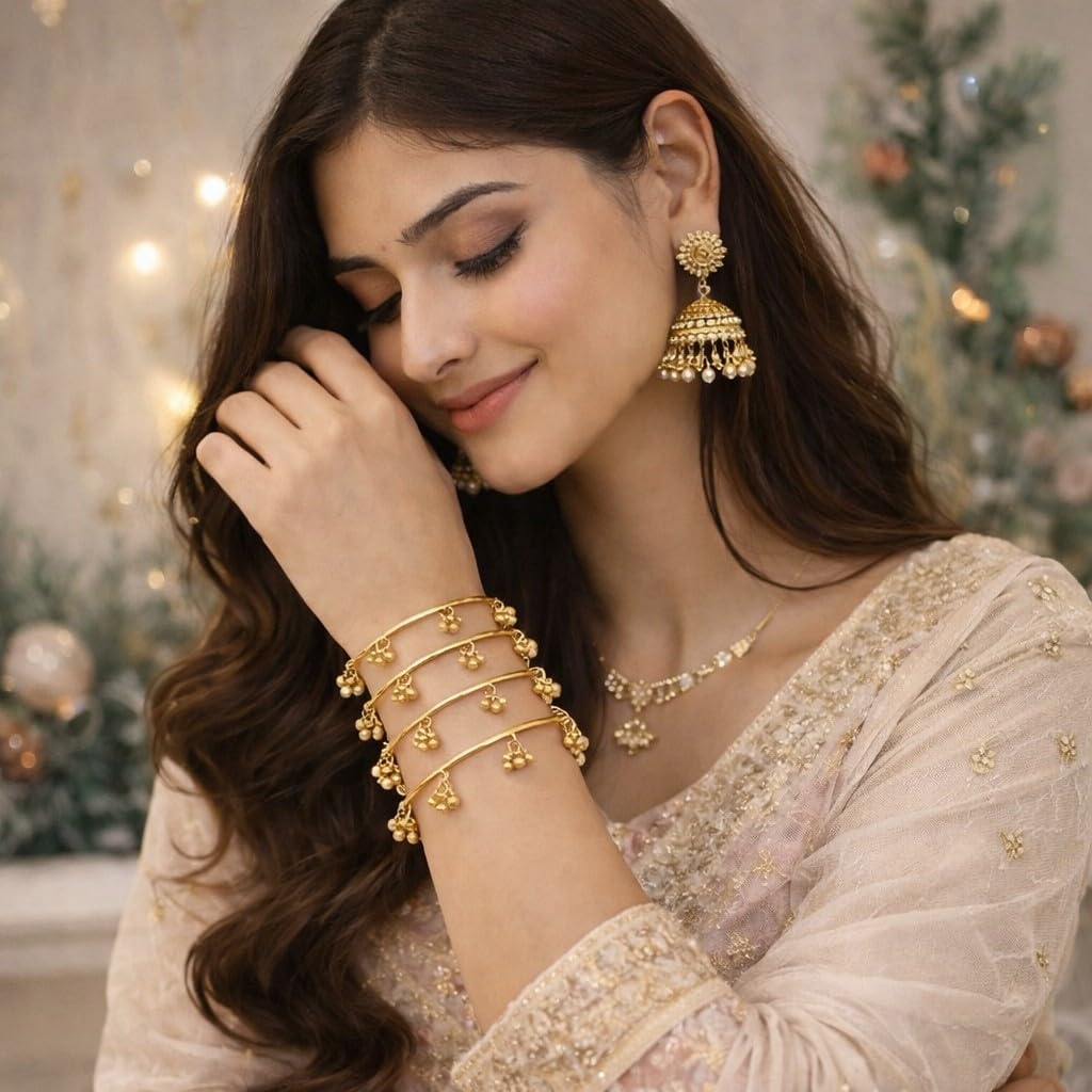 SUPER SOFTENER 8 Pcs Ghunghroo Kashmiri Bangles Set for Women Stylish | Gold Tone Kashmiri Chudi | Lightweight Traditional Jewellery
