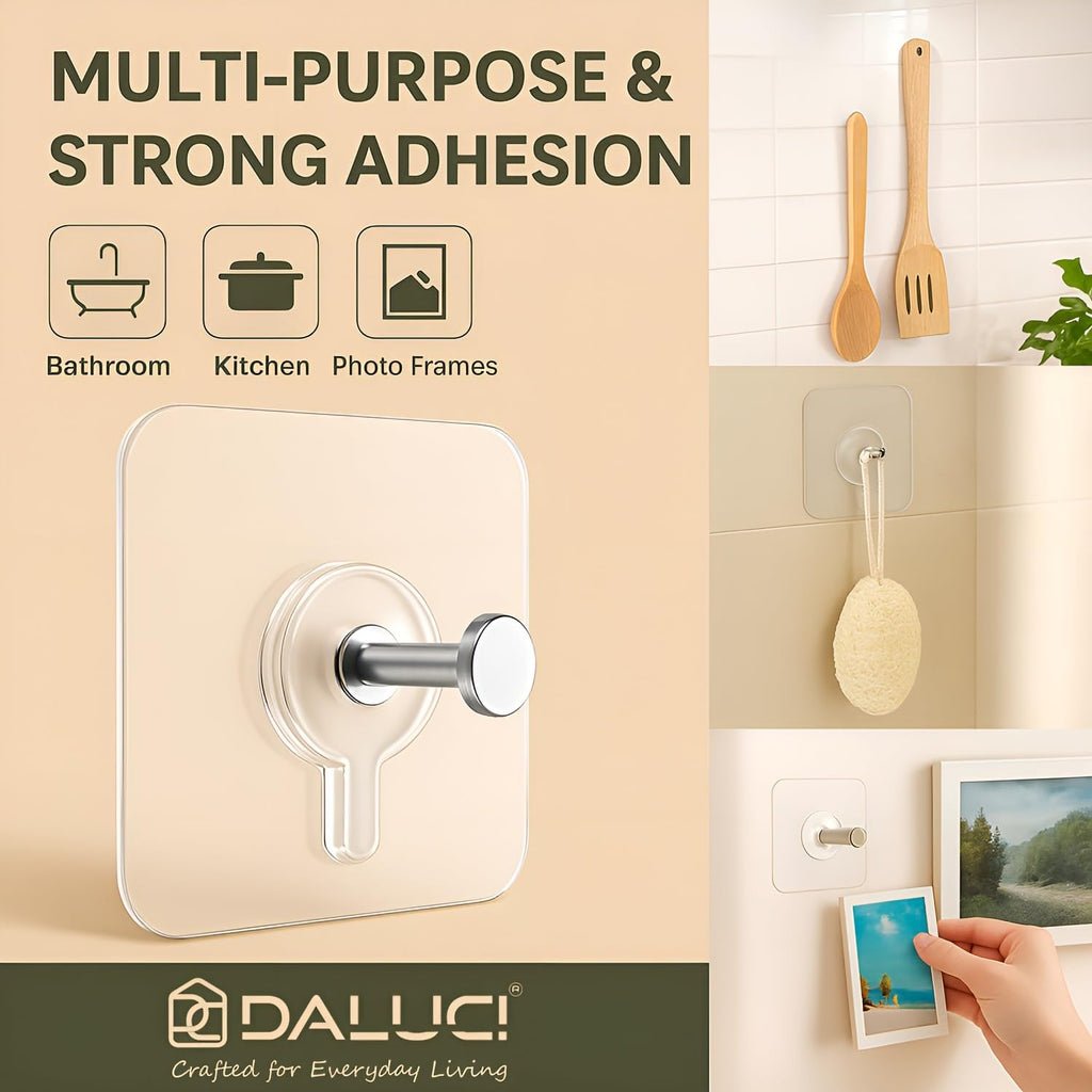 DALUCI Self Adhesive Wall Hooks (Pack of 5) – Heavy Duty Nail-Free Hooks for Wall Heavy Items | Photo Frame Hooks Without Drilling | Strong Sticky Hook for Frames, Clocks & Keys (Photo Frame Hook, 5)