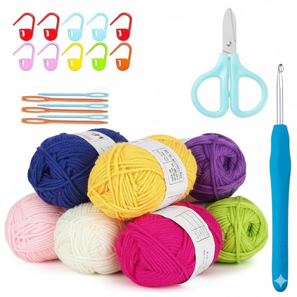 Viharini Crochet Kit for Beginners with Yarn, Crochet Hooks, Stitch Markers, Knitting Needles, DIY Tools & Crochet Thread – Complete Crocheting Set for Adults and Kids (Multi-Colour) (5 Yarn Set)