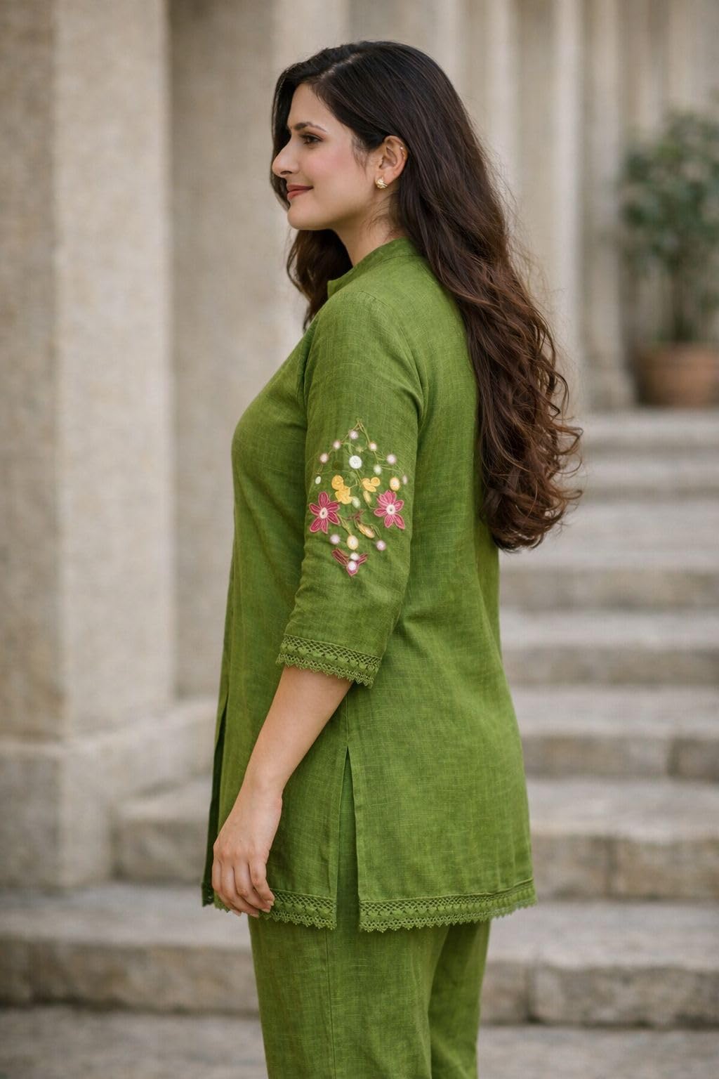 A2 Cloth Women's Pure Cotton Co-Ord Set, Green Kurta with Pant, Floral Embroidered 3/4 Sleeve, Stylish Pocket Design (in, Alpha, L)