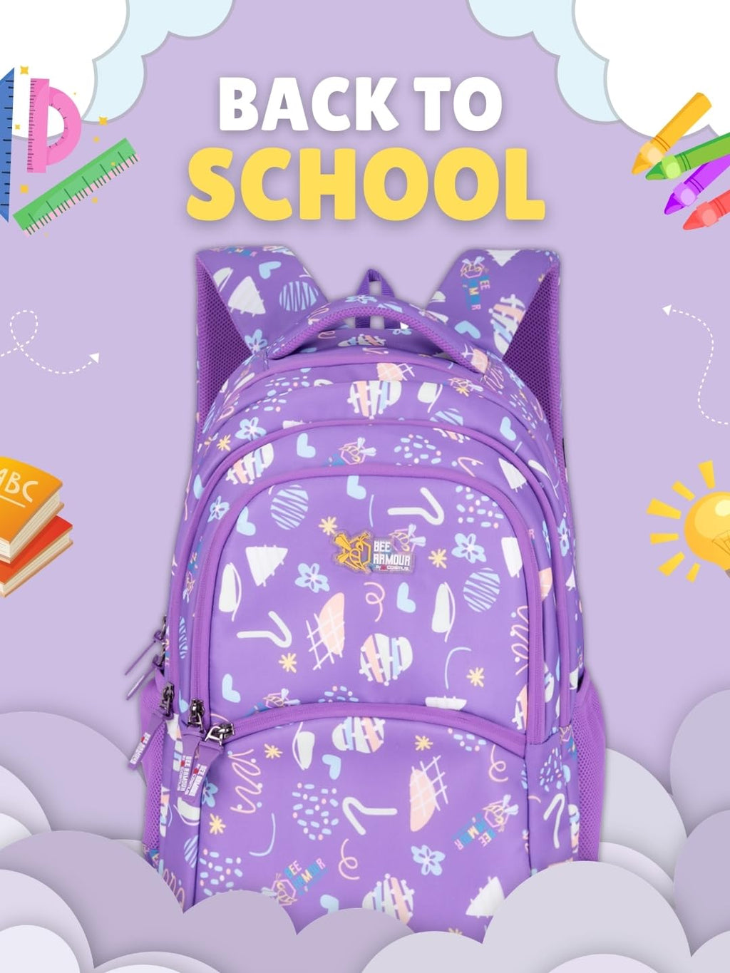 Bee Armour Lyra Sweet Treats 37L School Backpack – Black Ice Cream & Candy Fun Edition | For Kids (Girls & Boys) (Purple)