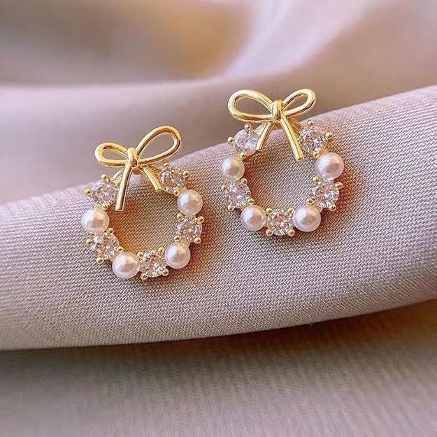 Korean Earrings Set of 3, Gold Tone, Pearl and Crystal Embellished, Heart and Bow Design, Stud Style